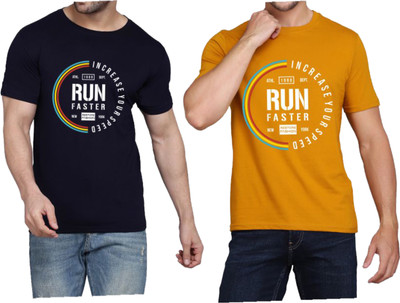 WOOSTRO Printed Men Round Neck Dark Blue, Yellow T-Shirt