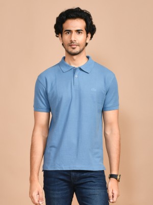 SKYKNIT Solid Men Polo Neck Light Blue T-Shirt