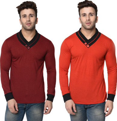 Tresna Trending Colorblock Men Shawl Neck Red, Orange T-Shirt