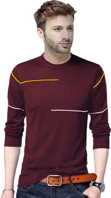 Reya Striped Men Round Neck Maroon T-Shirt