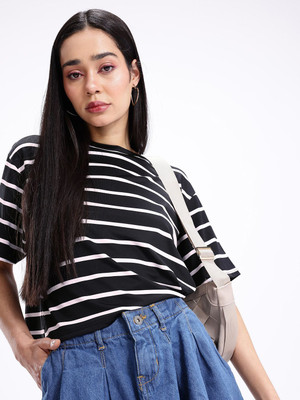 Kook N Keech Striped Women Round Neck Black T-Shirt