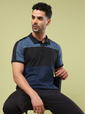 TECHNOSPORT Colorblock Men Polo Neck Navy Blue T-Shirt