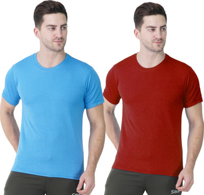 Stair Solid Men Round Neck Light Blue, Red T-Shirt