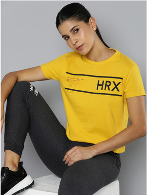 HRX by Hrithik Roshan Self Design Women Round Neck Yellow T-Shirt