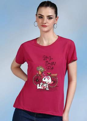 CHOZI Printed Women Round Neck Pink T-Shirt