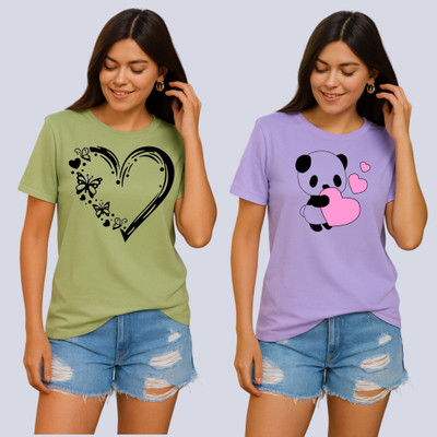 Lecowar Graphic Print Women Round Neck Green, Purple T-Shirt