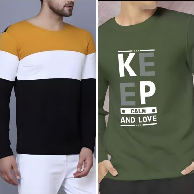 Meetri Printed Men Round Neck Yellow, Dark Green T-Shirt