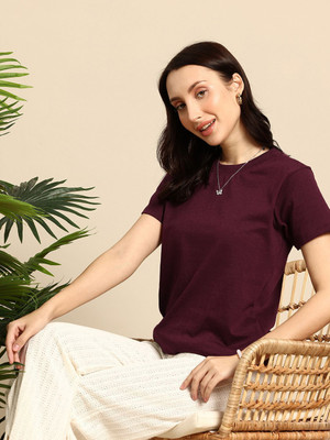 Mast & Harbour Solid Women Round Neck Maroon T-Shirt