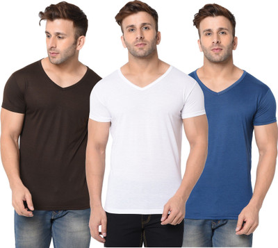 JB Jangoboy Solid Men V Neck Dark Blue, White, Brown T-Shirt