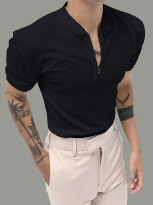 EyeBogler Solid Men Zip Neck Black T-Shirt