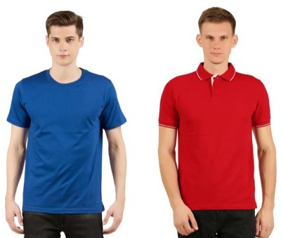 HAYATI Solid Men Round Neck Blue, Red T-Shirt