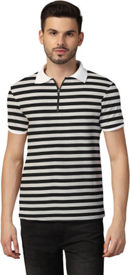 tfurnish Striped Men Polo Neck Black T-Shirt