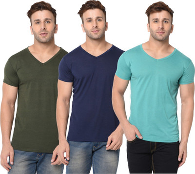 JB Jagoboy Solid Men V Neck Green, Blue, Light Green T-Shirt