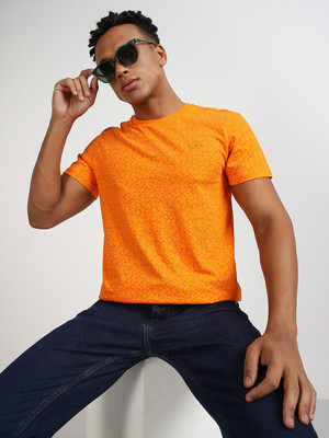 LEE Self Design Men Round Neck Orange T-Shirt