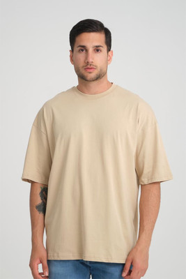 Moovio Solid Men Round Neck Beige T-Shirt