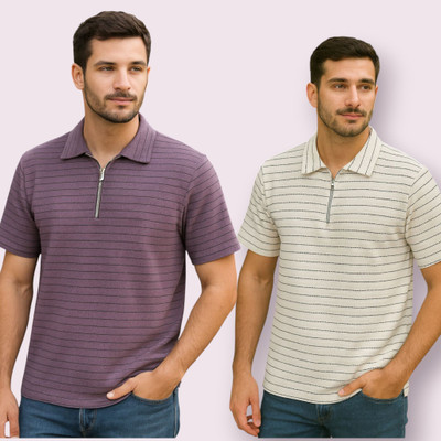 METRONAUT Striped Men Polo Neck Purple, White T-Shirt
