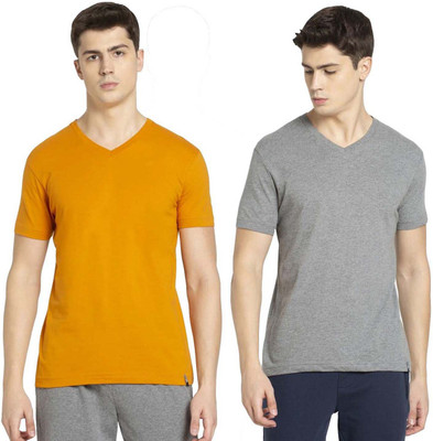JOCKEY Solid Men V Neck Yellow, Grey T-Shirt