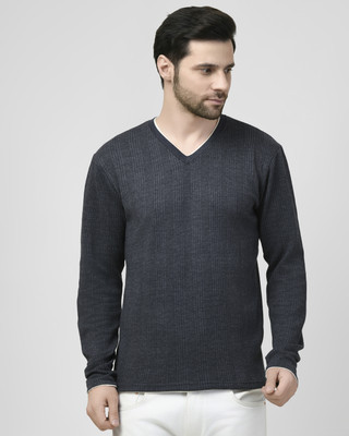 SMASH SMART WEAR Striped Men V Neck Grey T-Shirt
