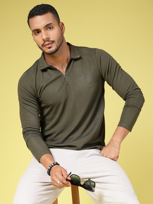 RIGO Solid Men High Neck Green T-Shirt