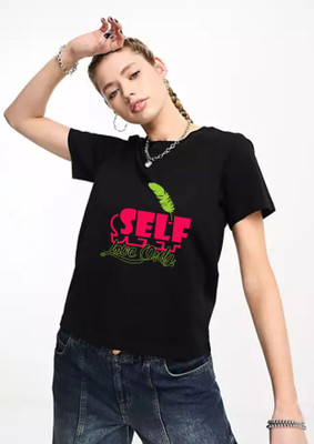 WOMENVY Printed Women Round Neck Black T-Shirt