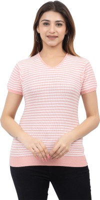 LEZA Striped Women V Neck Pink T-Shirt