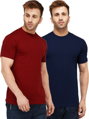 Kroptee Solid Men Round Neck Dark Blue, Maroon T-Shirt