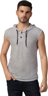 GEUM Solid Men Hooded Neck Silver T-Shirt