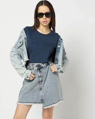 GAP Solid Women Round Neck Blue T-Shirt