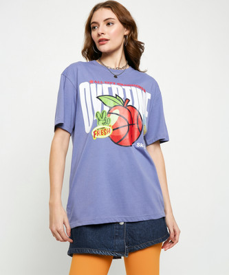 SKIDLERS Solid Women Round Neck Purple T-Shirt