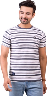 FROSEN FOX Striped Men Round Neck Grey, White T-Shirt