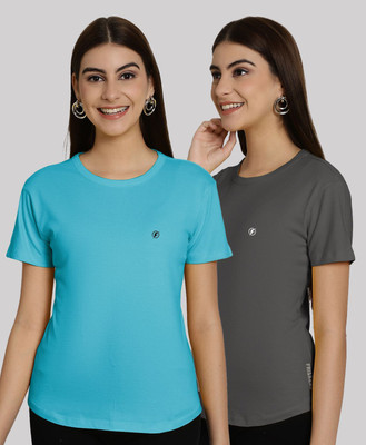HouseOfCommon Solid Women Mandarin Collar Light Blue, Grey T-Shirt
