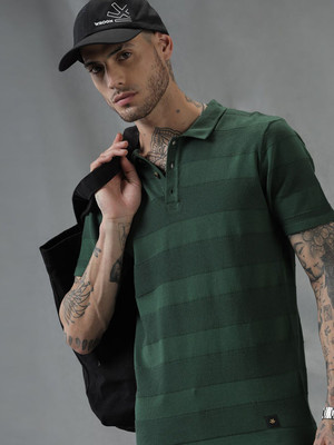 WROGN Striped Men Polo Neck Green T-Shirt