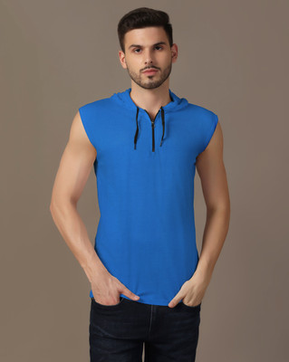 GEUM Solid Men Hooded Neck Blue T-Shirt