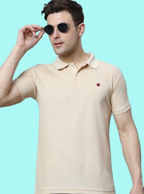 R ARHAN Solid Men Polo Neck Beige T-Shirt