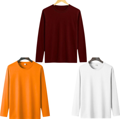 lalita creation Solid Men Round Neck Maroon, White, Orange T-Shirt
