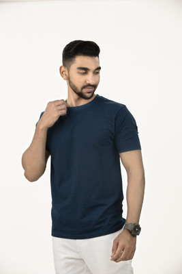 Lynx Solid Men Round Neck Navy Blue T-Shirt