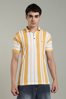 GLORI STAR Striped Men Polo Neck Yellow T-Shirt