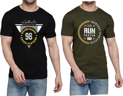 WOOSTRO Printed Men Round Neck Black, Dark Green T-Shirt