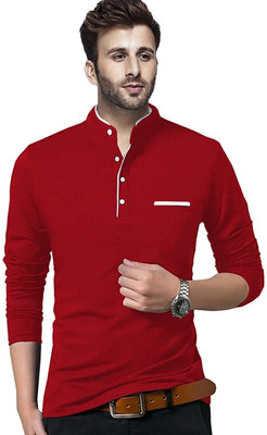 Tresna Trending Solid Men Mandarin Collar Red T-Shirt