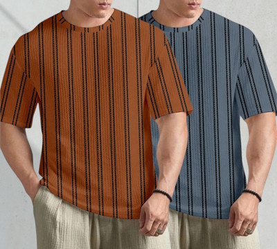 METRONAUT Striped, Self Design Men Round Neck Orange, Grey T-Shirt