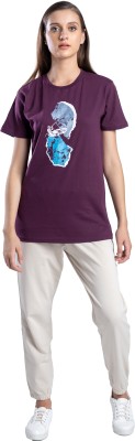 One For Blue Printed Women Round Neck Maroon T-Shirt