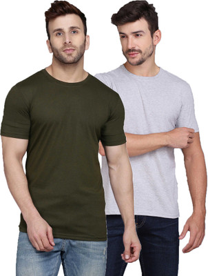 Cryptic Solid Men Round Neck Dark Green, Grey T-Shirt