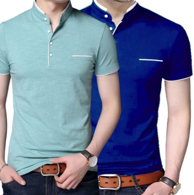 Lets Shine Solid Men Mandarin Collar Light Green, Blue T-Shirt