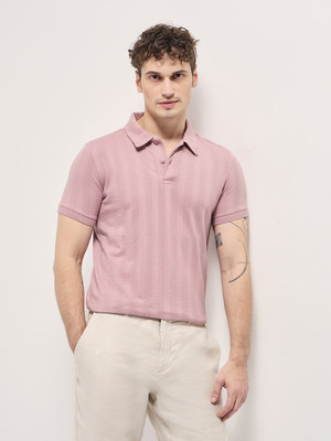 THE BEAR HOUSE Striped Men Polo Neck Pink T-Shirt
