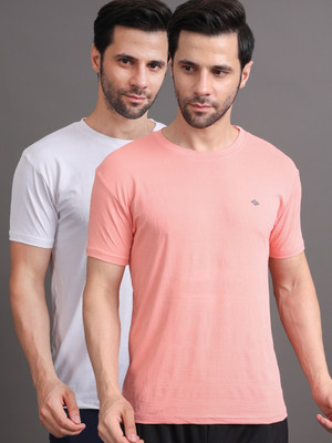 Bamboo Breeze Solid Men Round Neck White, Pink T-Shirt