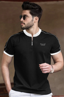 TRIPR Solid Men Mandarin Collar Black, White T-Shirt