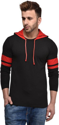 Trendfull Solid Men Hooded Neck Black, Red T-Shirt