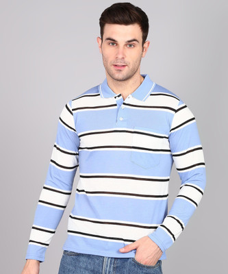 INKKR Striped Men Polo Neck Blue T-Shirt