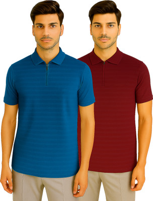 Bhadawar creations Solid Men Zip Neck Maroon, Blue T-Shirt