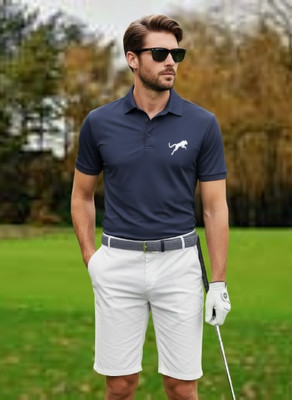 Siya Fashion Printed Men Polo Neck Navy Blue T-Shirt